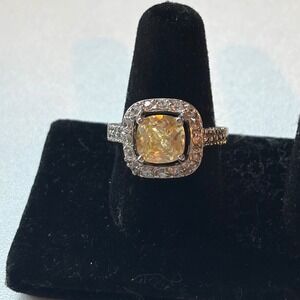 Cushion Cut Yellow Stone Halo Ring Silver Band Size 8